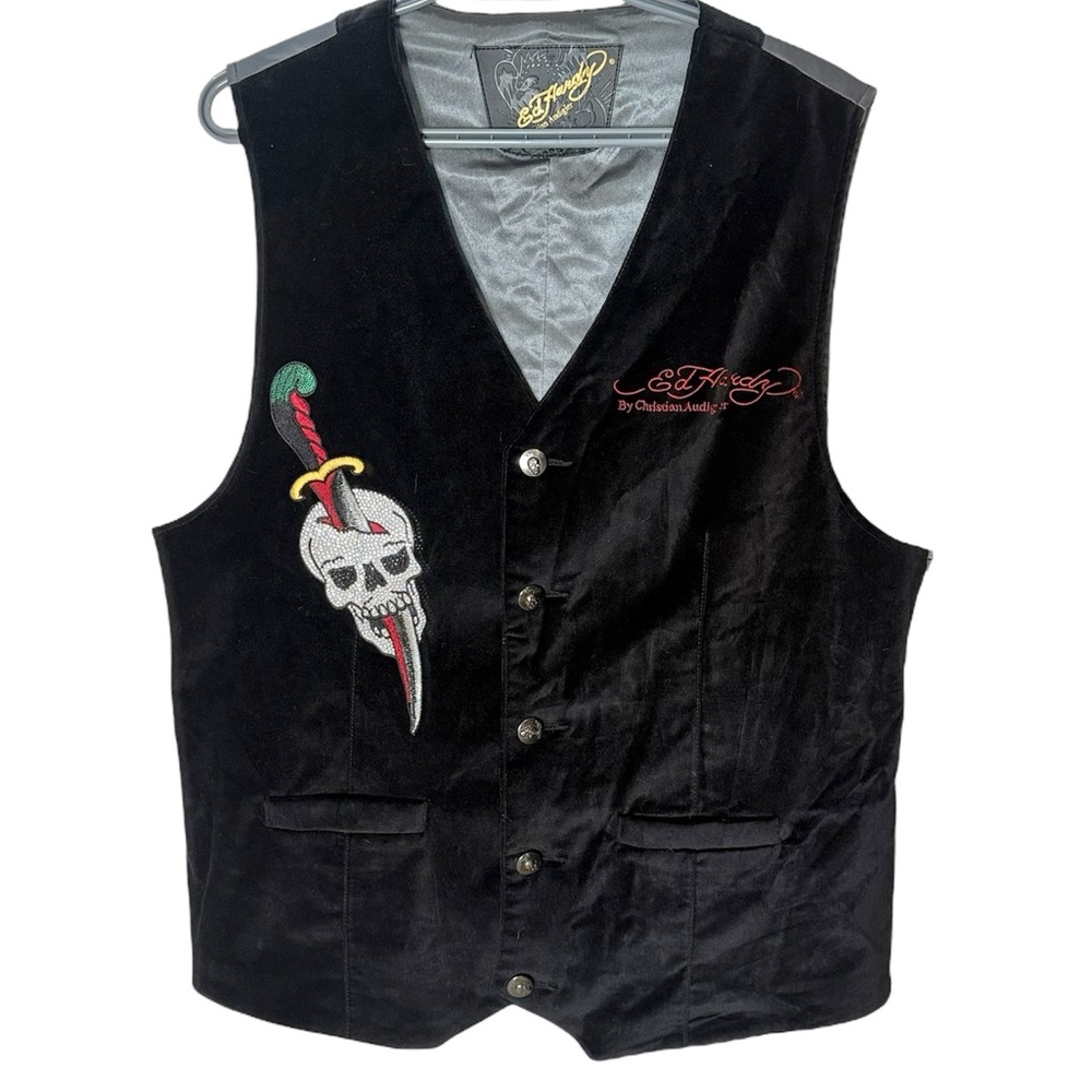 ED HARDY CHRISTIAN AUDIGIER Black Velvet Satin Vest Rhinestones Snake Tattoo XL
